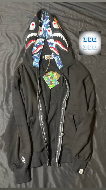 BAPE Double Hooded Black Blue Camo Shark Full Zip Hoodie