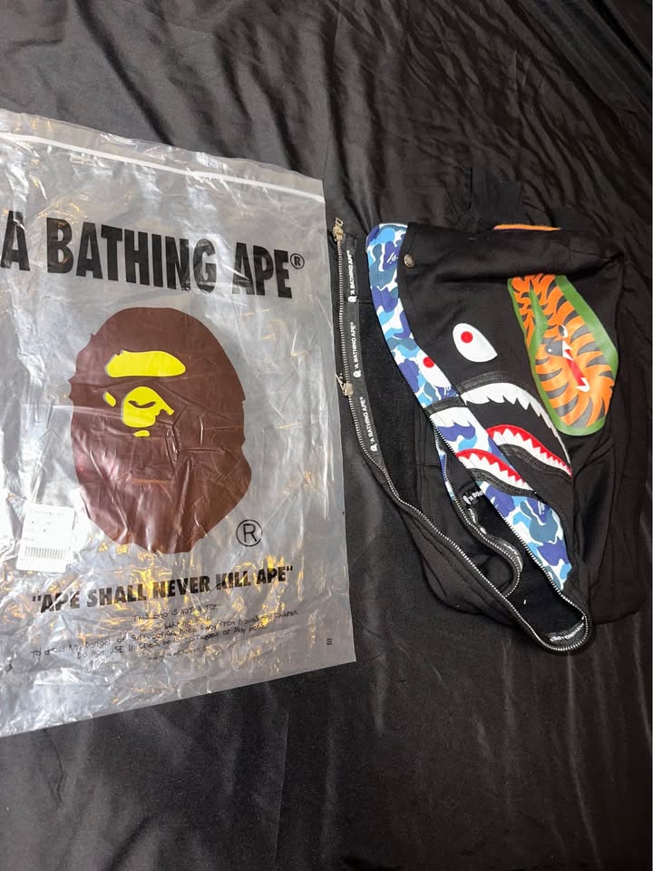 BAPE Double Hooded Black Blue Camo Shark Full Zip Hoodie