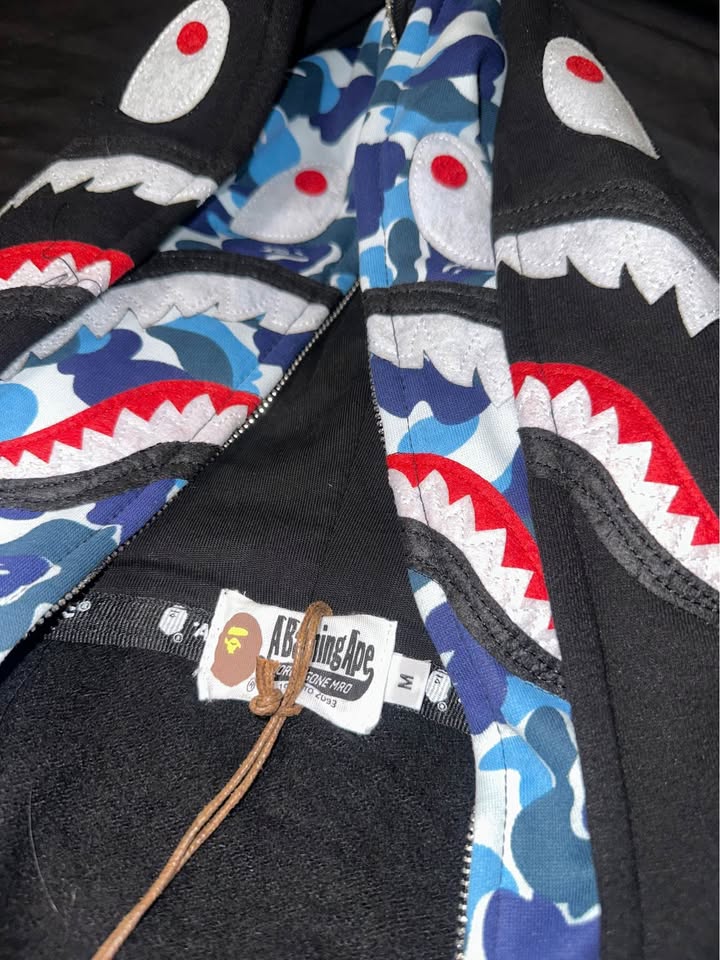 BAPE Double Hooded Black Blue Camo Shark Full Zip Hoodie
