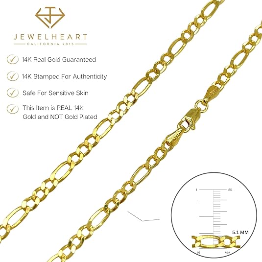 14K Solid Yellow Gold Figaro Chain 5.1mm Diamond Cut Cuban Link Necklace 20"