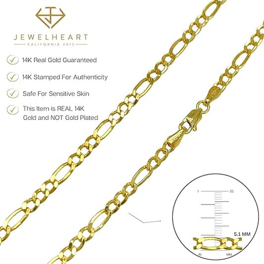 Chain 14K Solid Yellow Gold Figaro 5.1mm Diamond Cut Cuban Link Necklace 20"