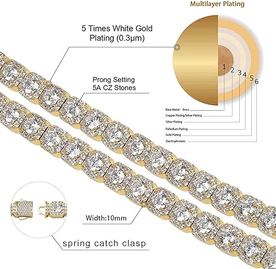 18k Gold Iced Out Cluster Tennis Chain Necklace (Lab Simulated Diamonds)