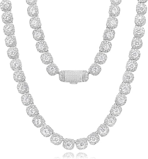18k Gold Iced Out Cluster Tennis Chain Necklace (Lab Simulated Diamonds)