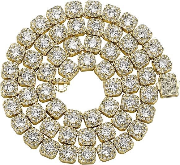 18k Gold Iced Out Cluster Tennis Chain Necklace (Lab Simulated Diamonds)