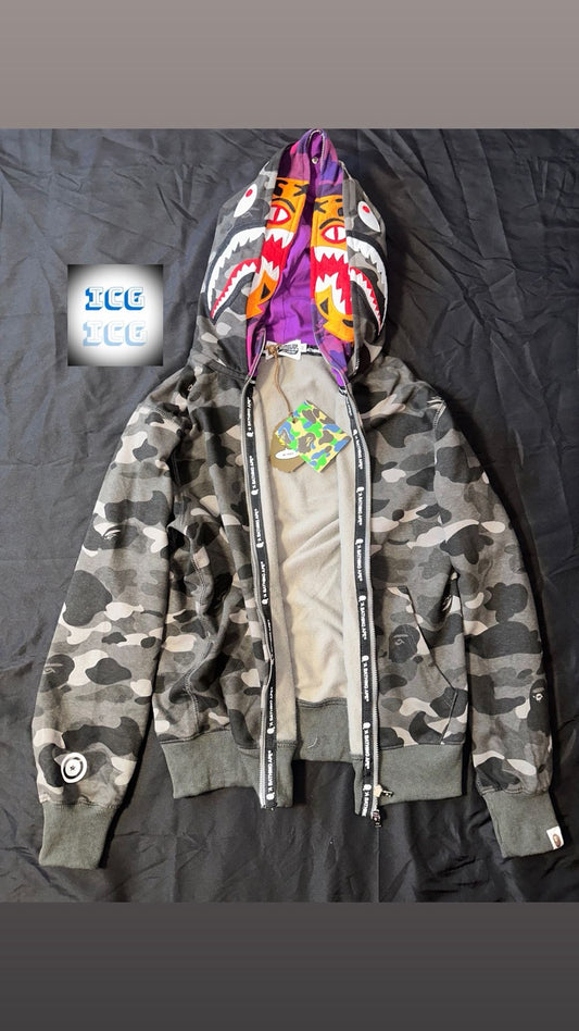 BAPE Double Hooded Tiger Black Purple Camo Shark Full Zip Hoodie