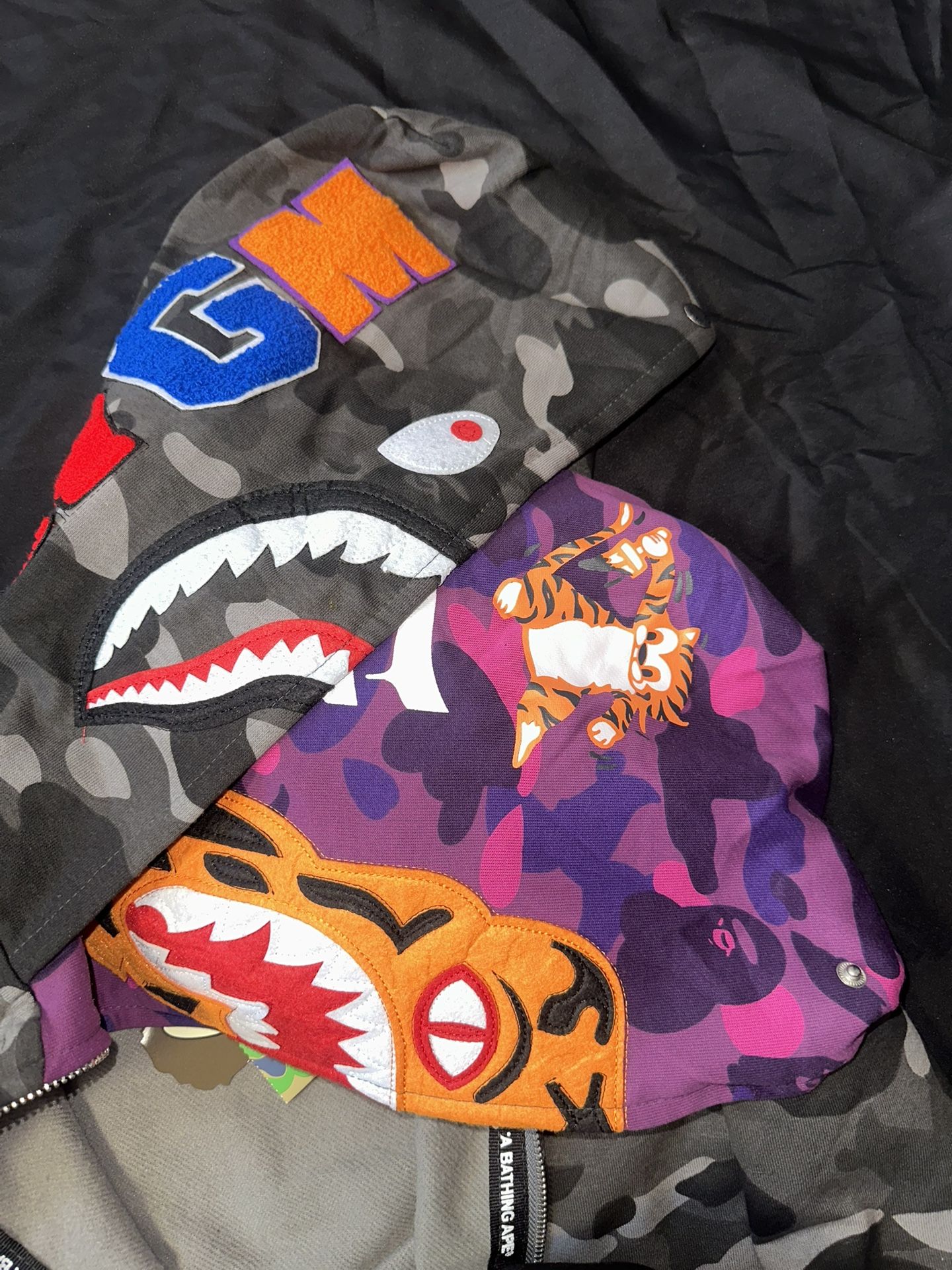 BAPE Double Hooded Tiger Black Purple Camo Shark Full Zip Hoodie