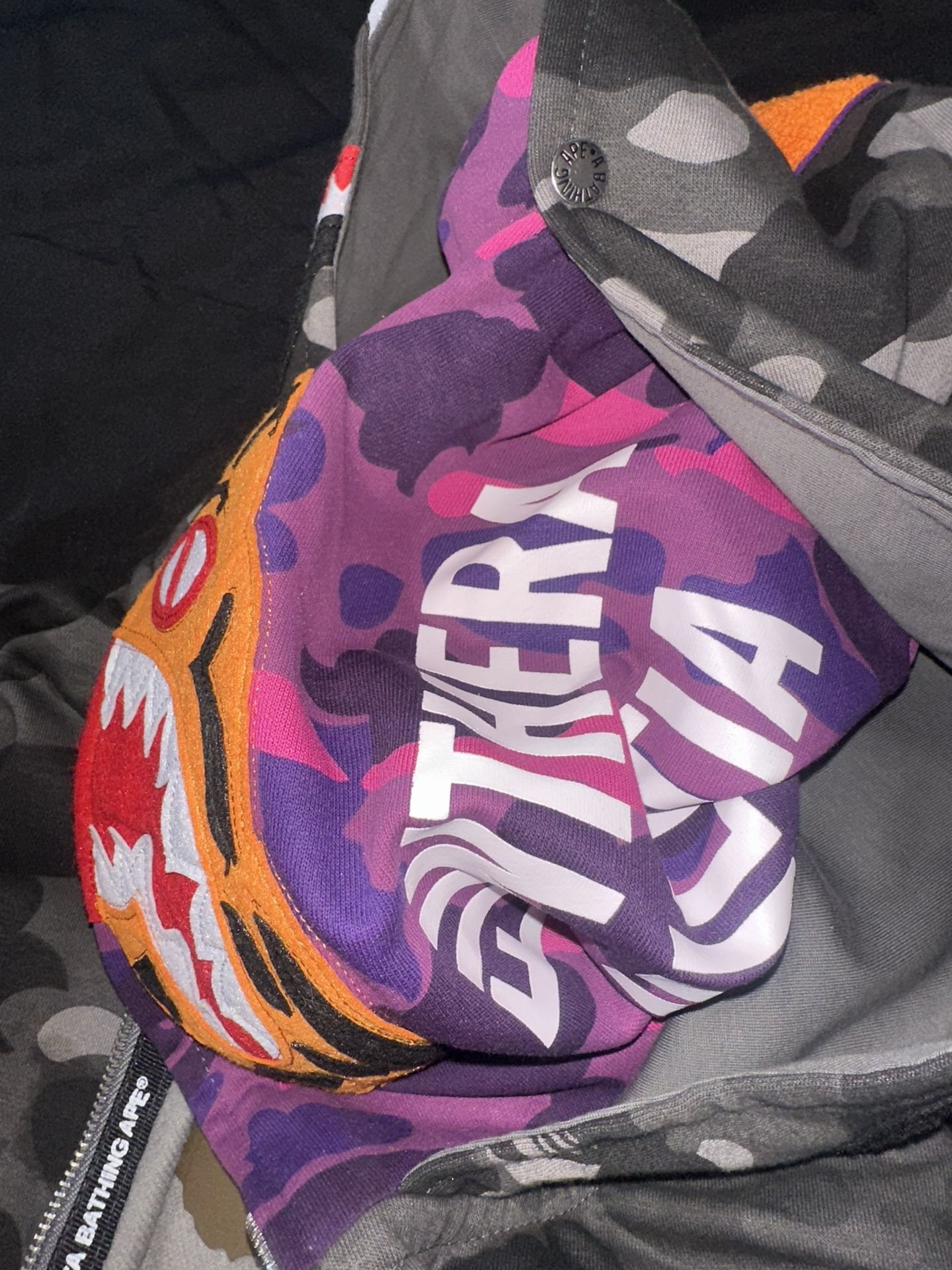 BAPE Double Hooded Tiger Black Purple Camo Shark Full Zip Hoodie