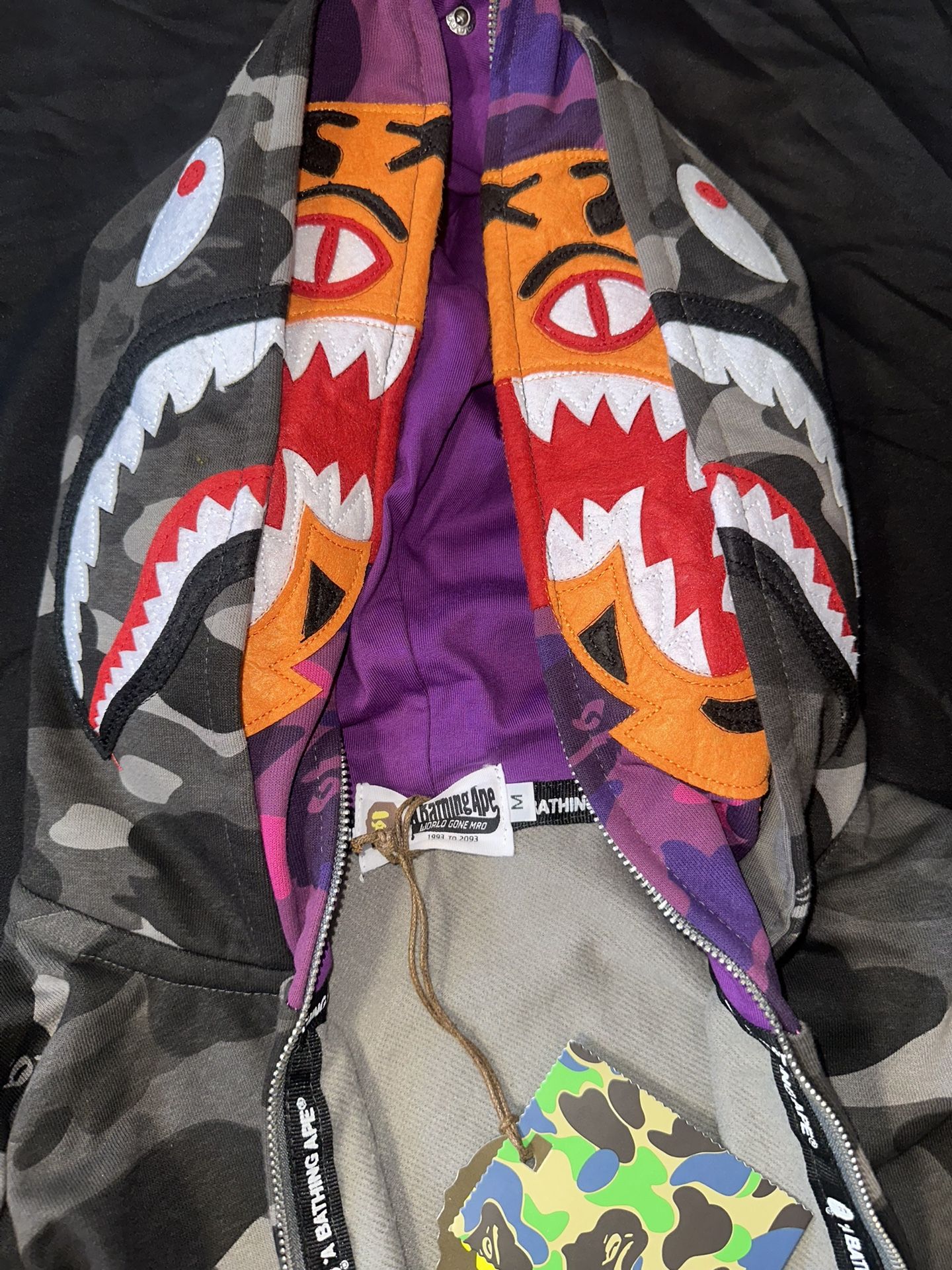 BAPE Double Hooded Tiger Black Purple Camo Shark Full Zip Hoodie