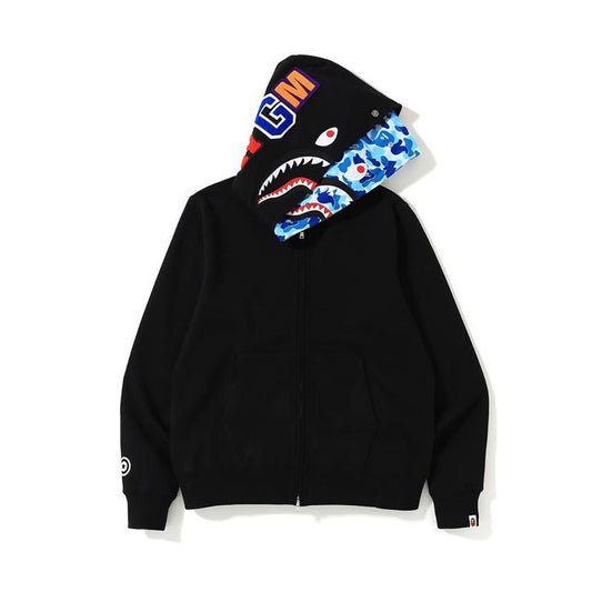BAPE Double Hooded Black Blue Camo Shark Full Zip Hoodie