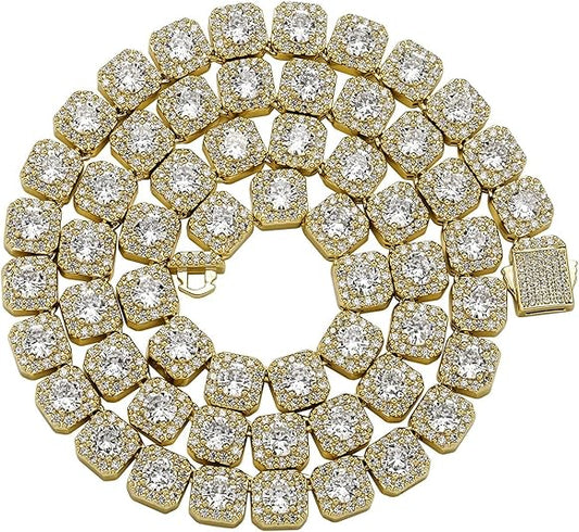 18k Gold Iced Out Cluster Tennis Chain Necklace (Lab Simulated Diamonds)