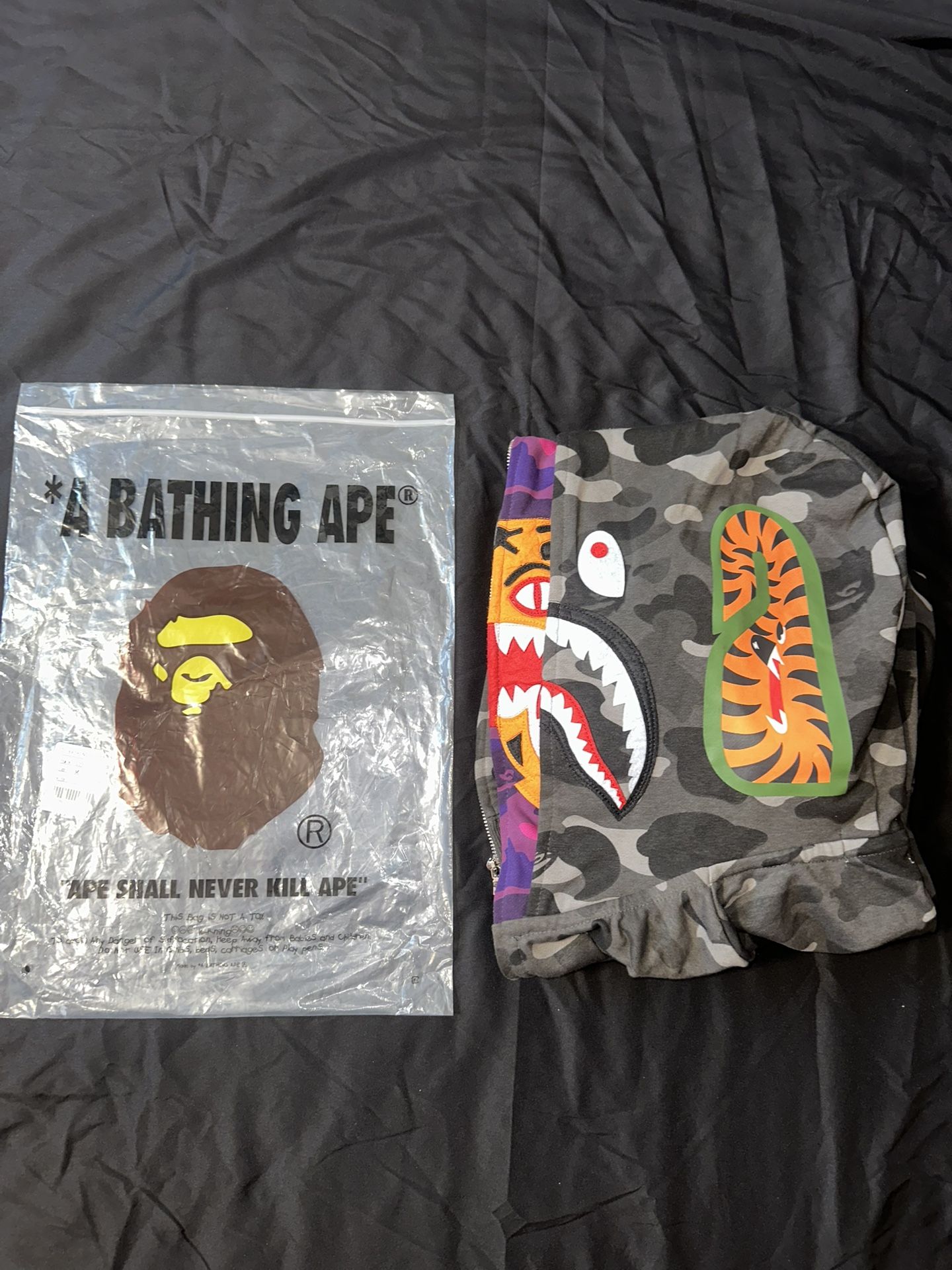 BAPE Double Hooded Tiger Black Purple Camo Shark Full Zip Hoodie